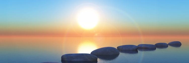3D stepping stones in the ocean at sunset 3D render of stepping stones in the ocean at sunset