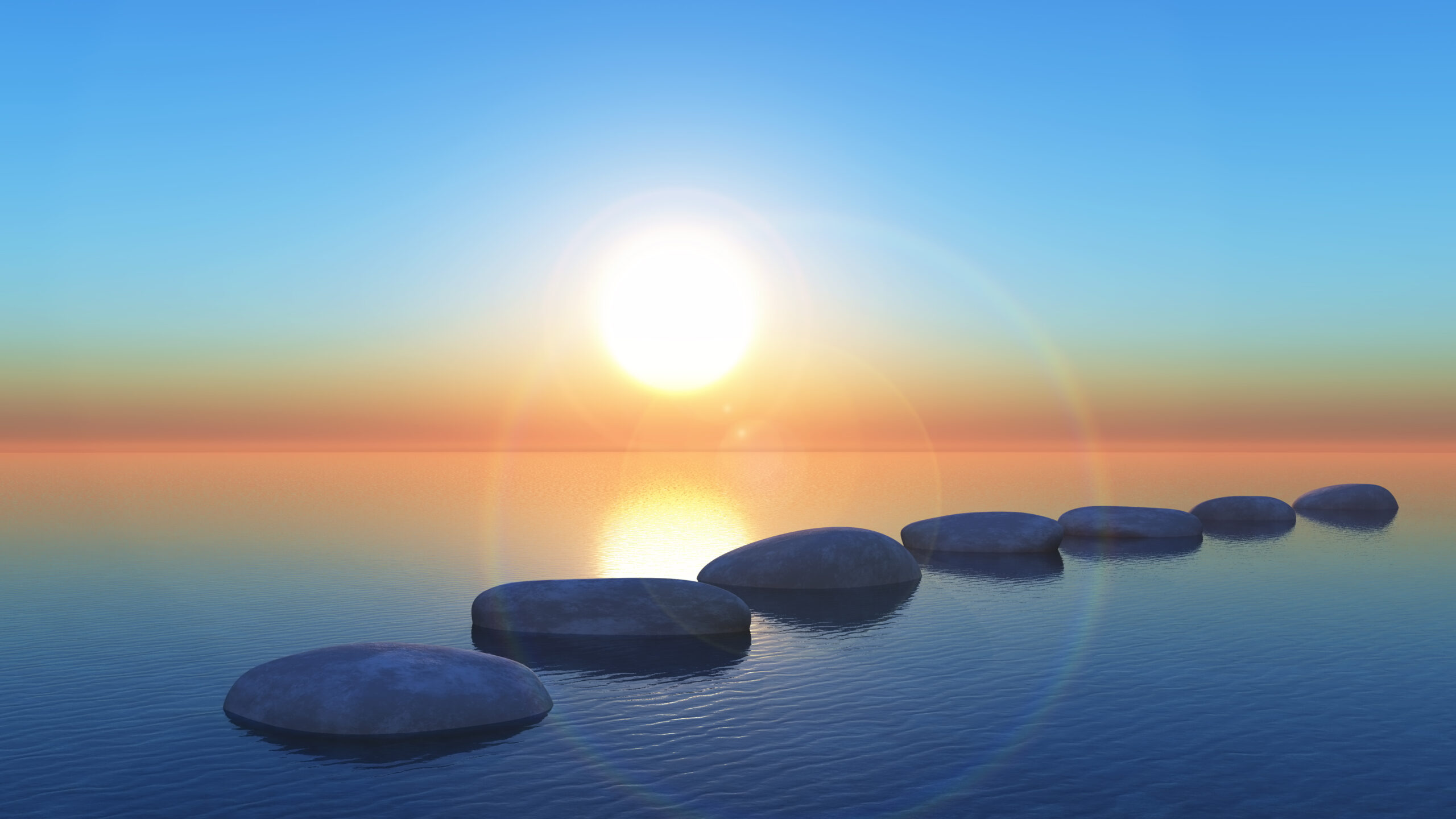 3D stepping stones in the ocean at sunset 3D render of stepping stones in the ocean at sunset